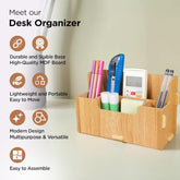 Urbane Home 4 Compartment Pen Stand for Office | MDF Wood Rack | Aesthetic Stationery Stand For Office Table Accessories | Burlywood | 21.1x9.7x13cm